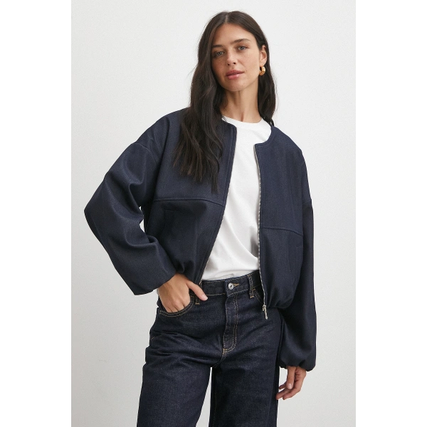 Beli Lastikli Fermuarlı Denim Görünümlü Bomber Ceket Lacivert