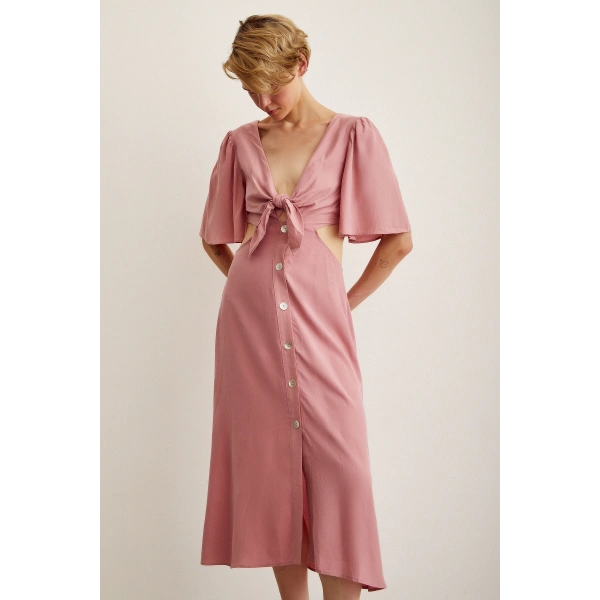 Önü Bağlamalı Balon Omuz Elbise Gül Kurusu