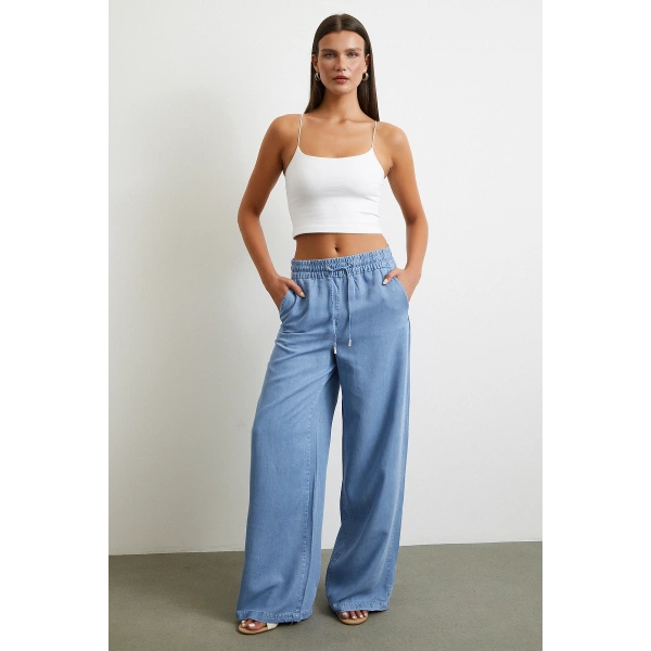 Beli Lastikli Bağcıklı Geniş Paça Pantolon Mavi