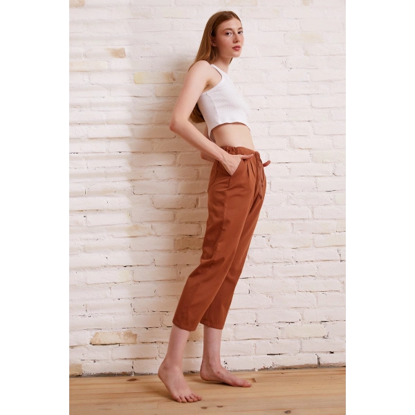 Beli İpli Salaş Gabardin Pantolon Kiremit