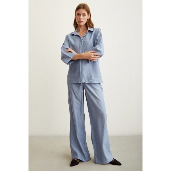 Yarasa Kol Keten Gömlek Mavi