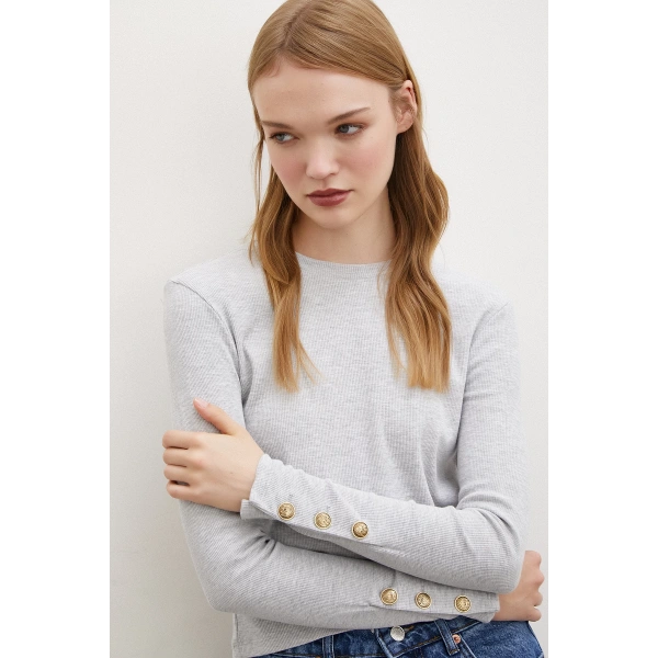 Kollu Düğmeli Bluz Gri