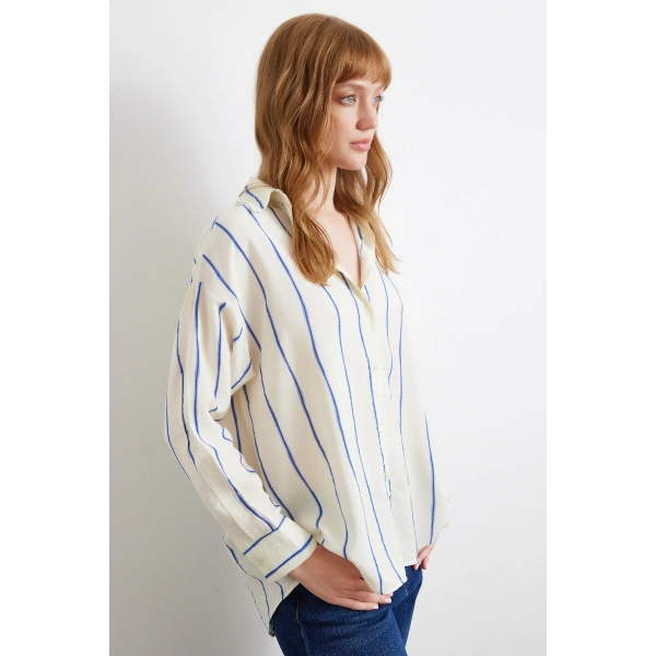 Çizgili Modal Gömlek Saks