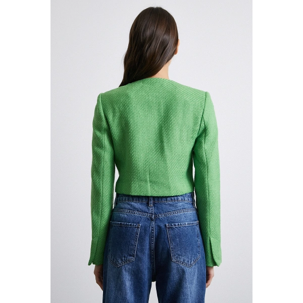 Cep Detaylı Düğmeli Tüvit Ceket Fıstık Yeşili