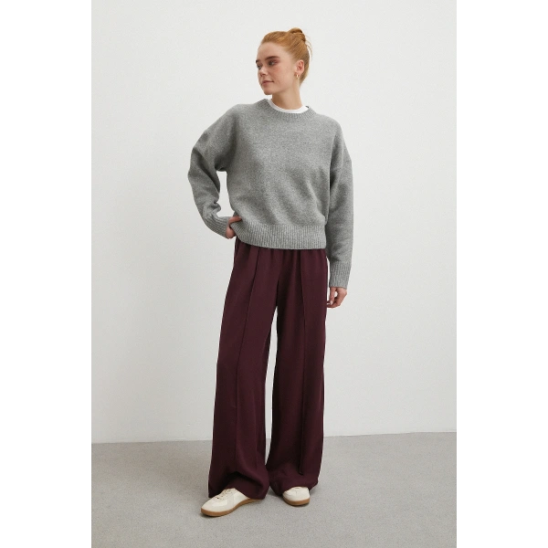 Çizgi Detaylı Geniş Paça Beli Lastikli Pantolon Bordo