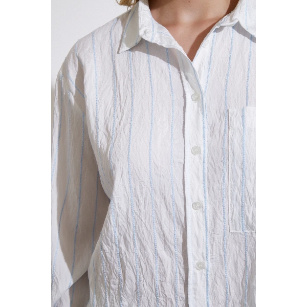 Çizgili Cepli Gömlek Mavi