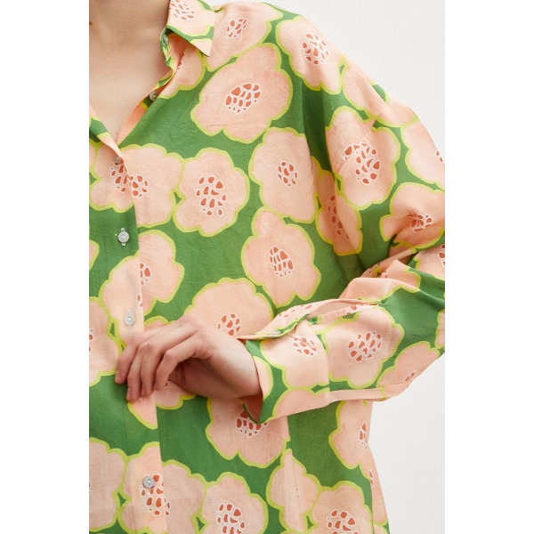 Kontörlü Çiçek Desenli Gömlek Haki