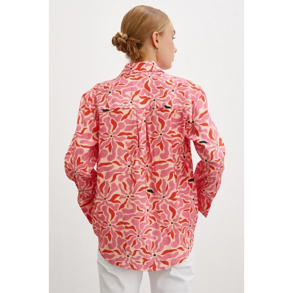 Çiçek Desen V Yaka Modal Gömlek Fuşya