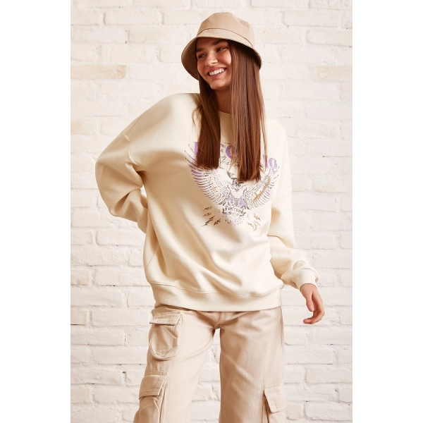 Bisiklet Yaka Baskılı Sweatshirt Krem