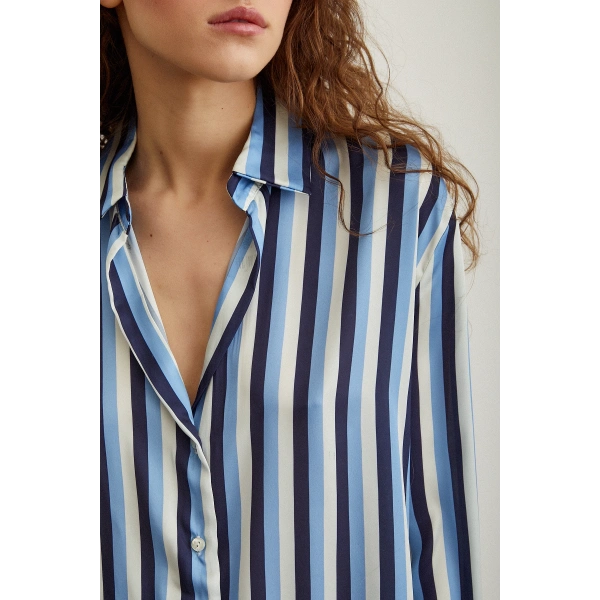 Çizgili Saten Gömlek Lacivert