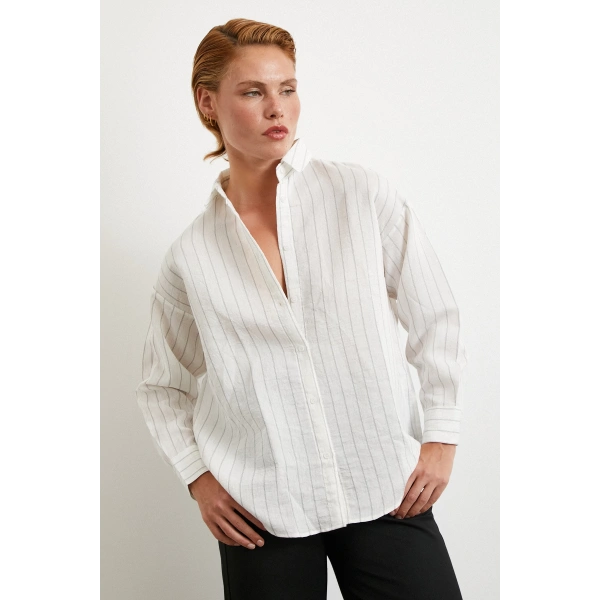 Pamuklu Çizgili Gömlek Beyaz
