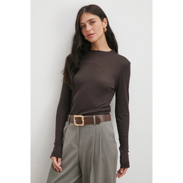 Bisiklet Yaka Kol Bluz Kahve