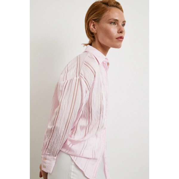Organze Çizgili Gömlek Pembe