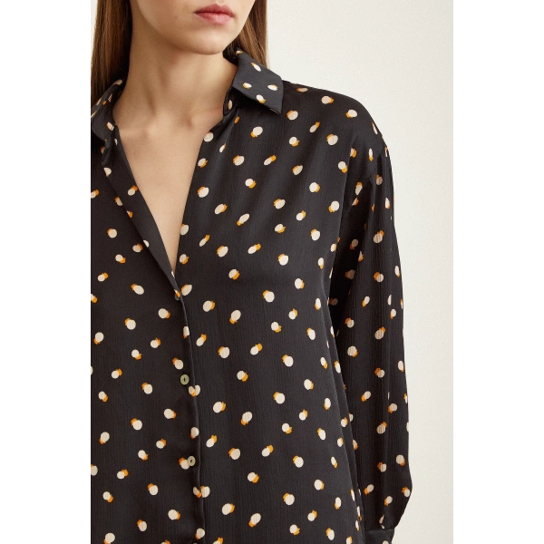 Puantiye Desenli Saten Gömlek Siyah