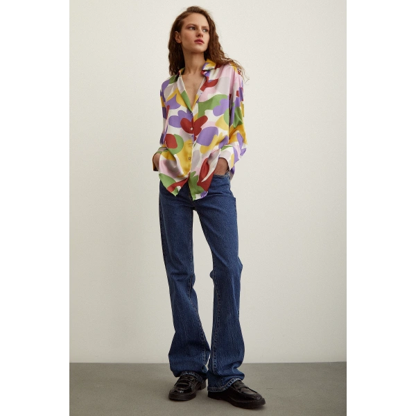 Desenli Saten Gömlek Lila