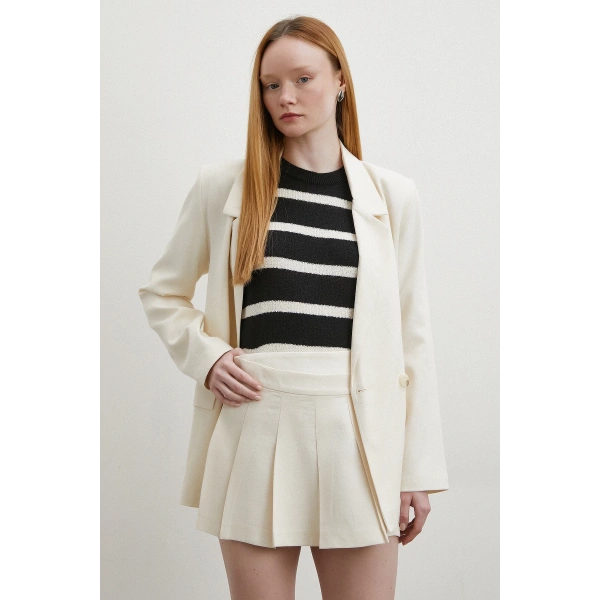 Pileli Şort Etek Ekru