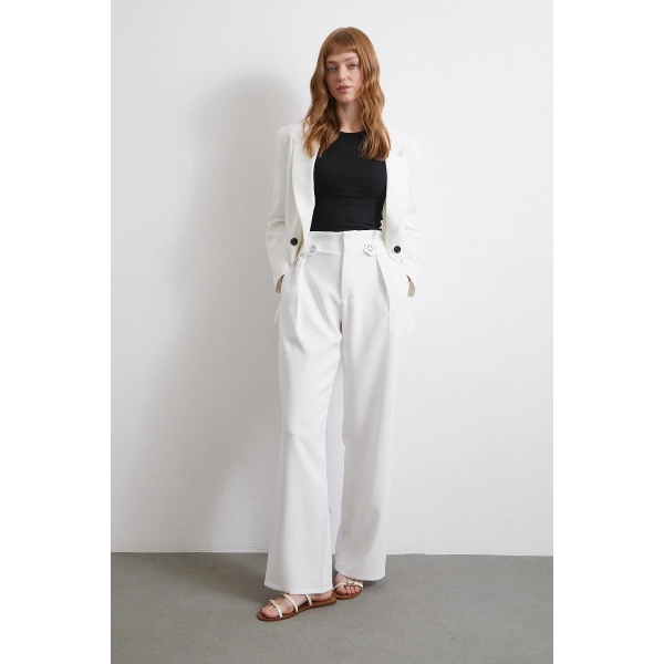 Bel Detaylı Wide Leg Pantolon Ekru