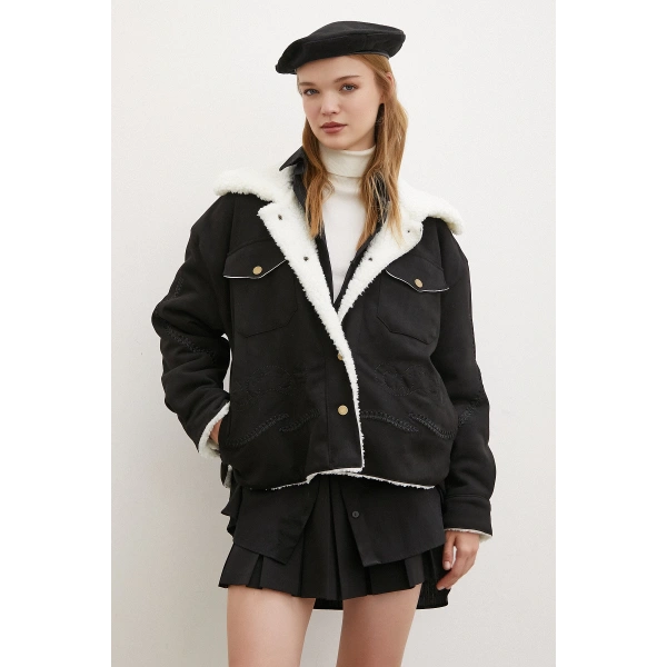 Süet İçi Peluşlu Mont Siyah