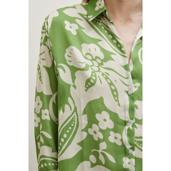 Çiçek Desenli Saten Gömlek Yeşil
