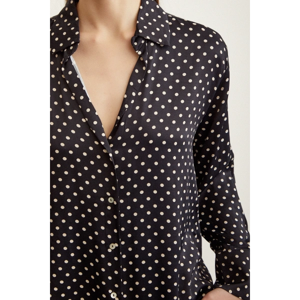 Puantiye Desenli Saten Gömlek Siyah