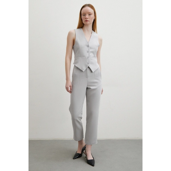 Önü Pensli Skinny Kumaş Pantolon Gri