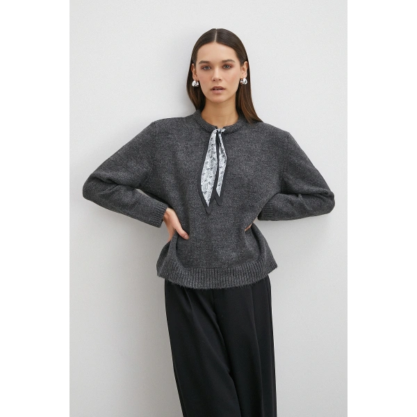 Fularlı Uzun Kollu Kazak Gri