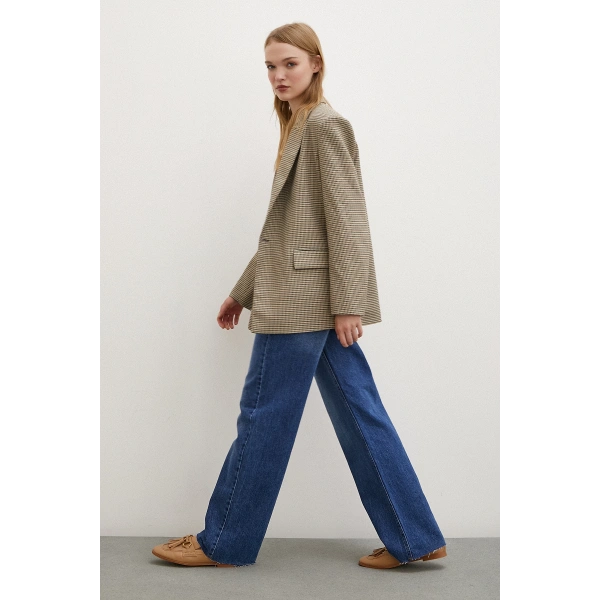 Yüksel Bel Jean Kesik Geniş Paça Mavi