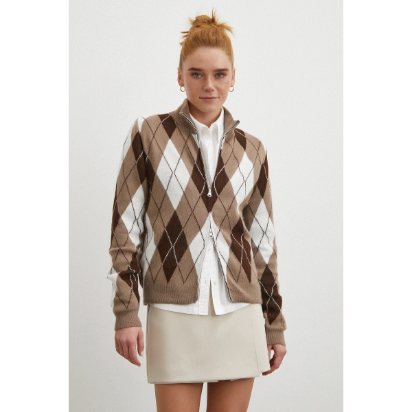 Fermuarlı Baklava Desen Kazak Kahve