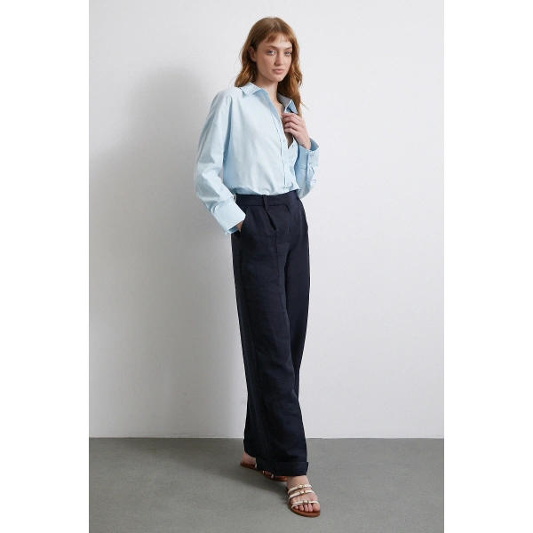Keten Karışımlı Oversize Gömlek Mavi