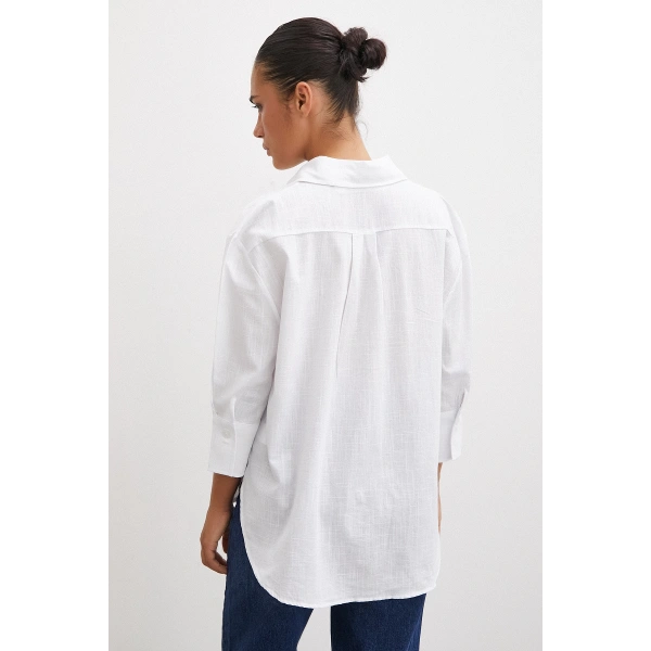 Geniş Manşetli Keten Gömlek Beyaz