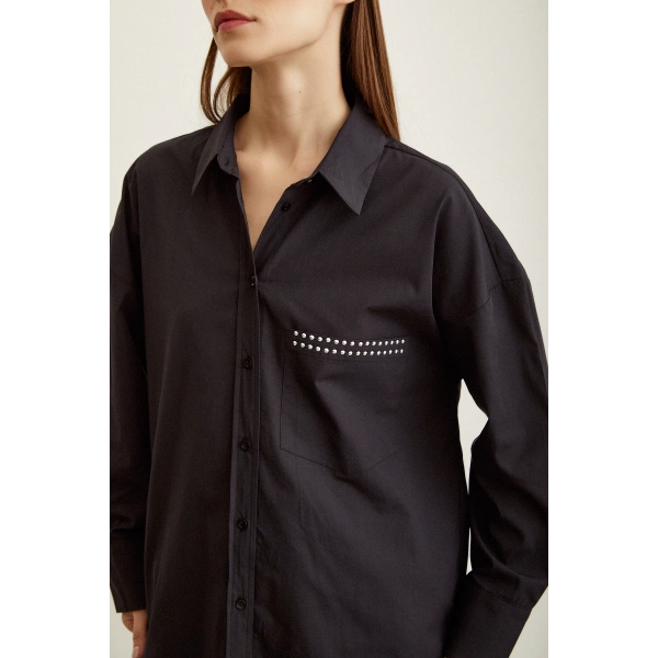 Taş Detaylı Poplin Gömlek Siyah