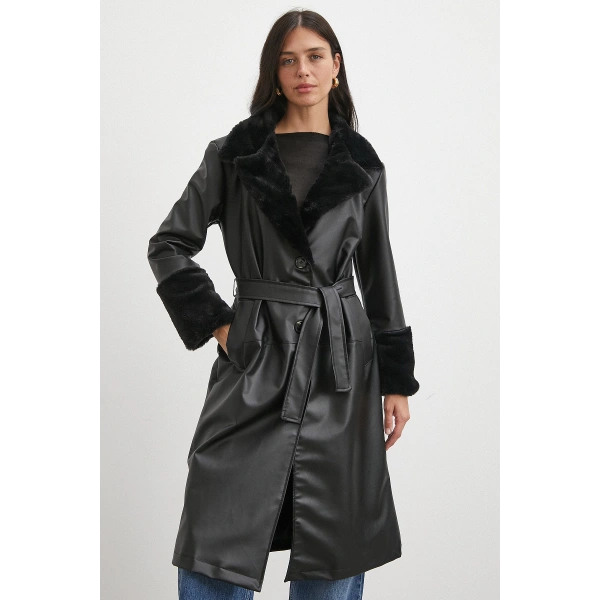 Kürklü Kuşaklı Deri Pardesü Siyah