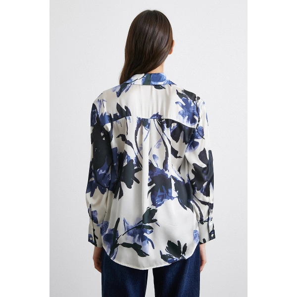 Saten Yüzeyli Desenli Gömlek Lacivert