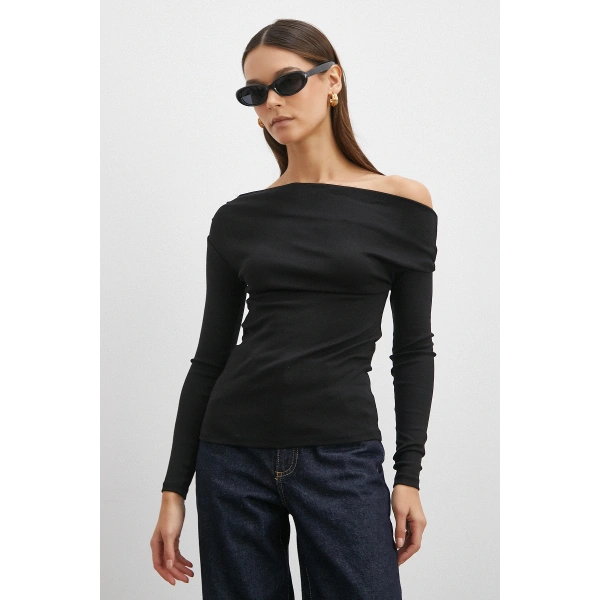 Omuz Pileli Uzun Kol Bluz Siyah
