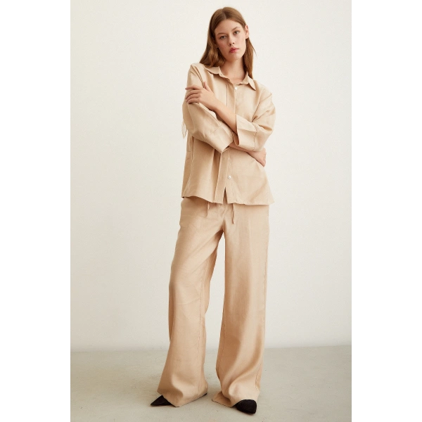 Yarasa Kol Keten Gömlek Bej