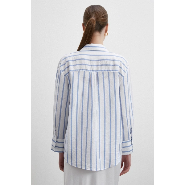 V Yaka Çizgili Modal Gömlek Mavi