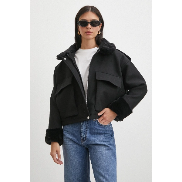 Apoletli Yünlü Körük Cepli Kaşe Mont Siyah