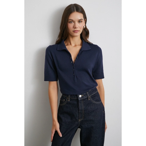 Polo Yaka Düğmeli Kısa Kol Lacivert