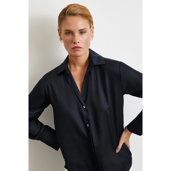 Diagonal Desen Gömlek Siyah