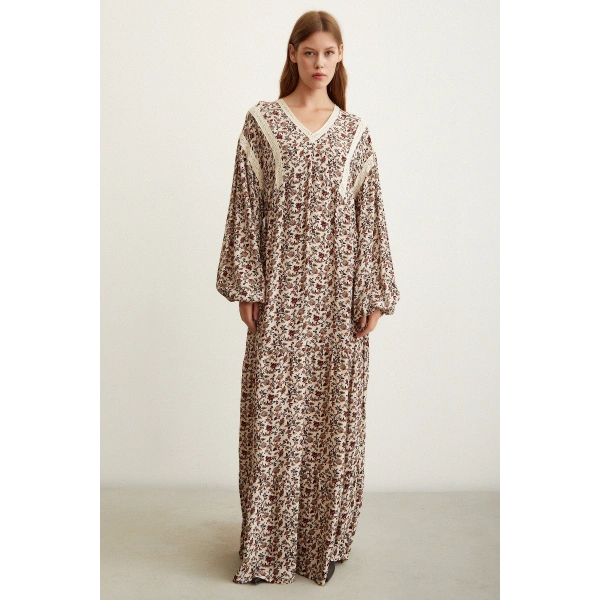 Brode Dantelli Elbise Bej