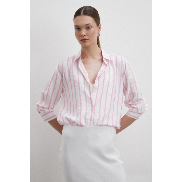 V Yaka Çizgili Modal Gömlek Pembe