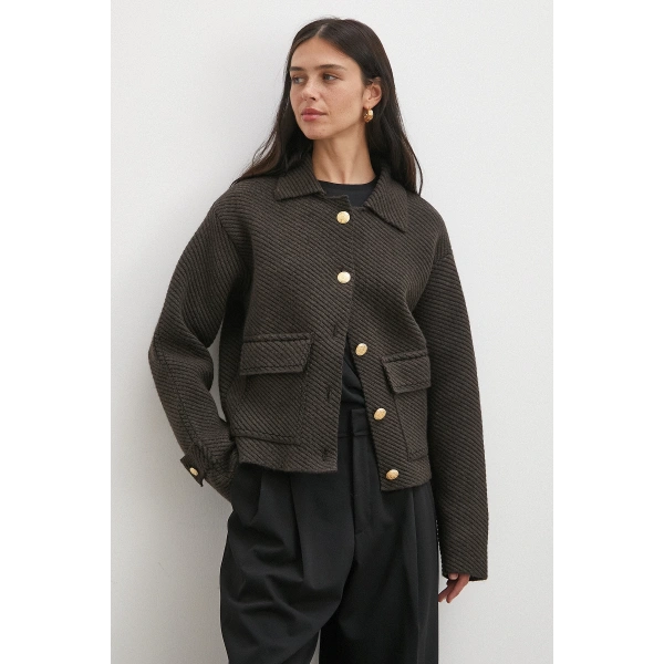 Polo Yaka Cepli Gold Düğmeli Ceket Kahve