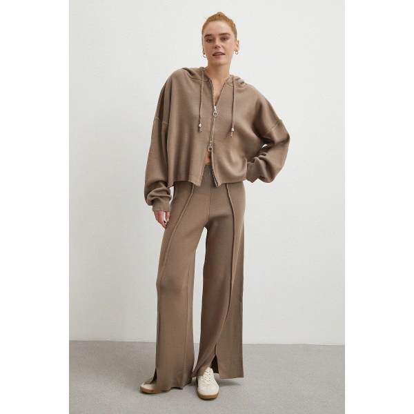 Çift Fermuarlı Kapüşonlu Pantolonlu Takım Vizon