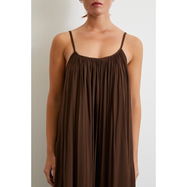 Askılı Piliseli Geniş Elbise Kahve