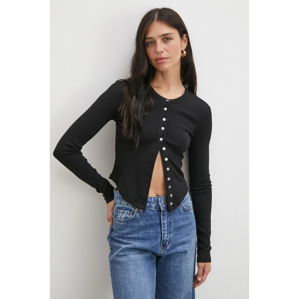 Düğmeli Uzun Kol Bluz Siyah