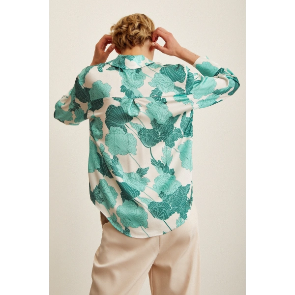 V Yaka Saten Gömlek Yeşil