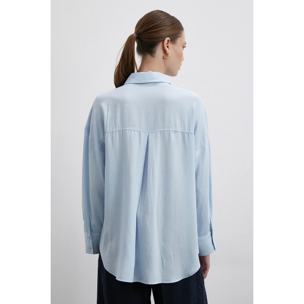 Keten Karışımlı Linen Prunes Gömlek Mavi