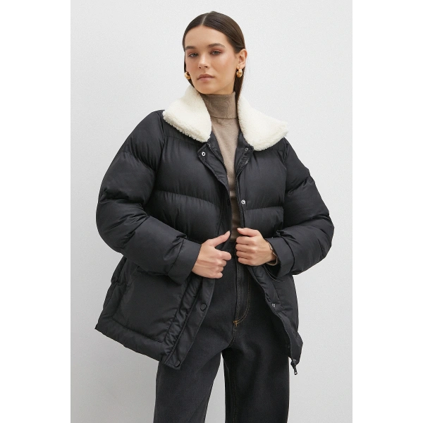 Kürk Yakalı Şişme Mont Siyah