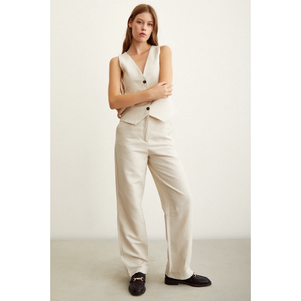 Astarlı Keten Yelek Bej