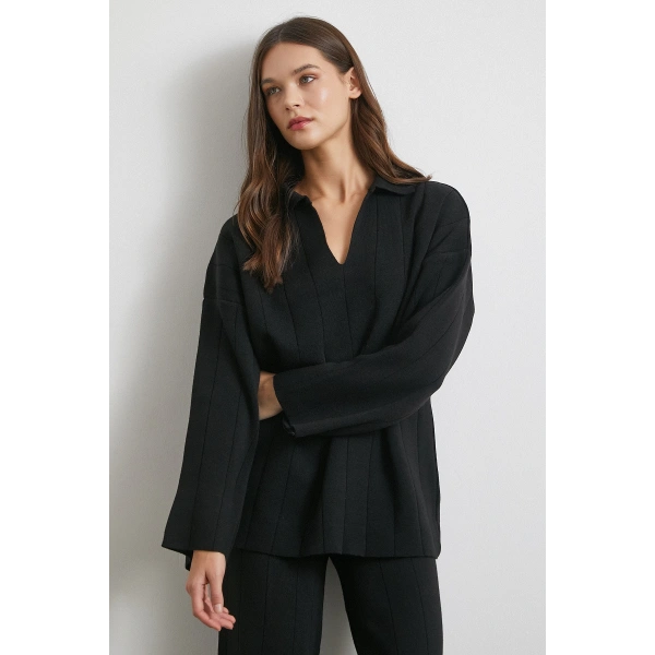 Polo Yaka Pantolonlu Triko Takım Siyah